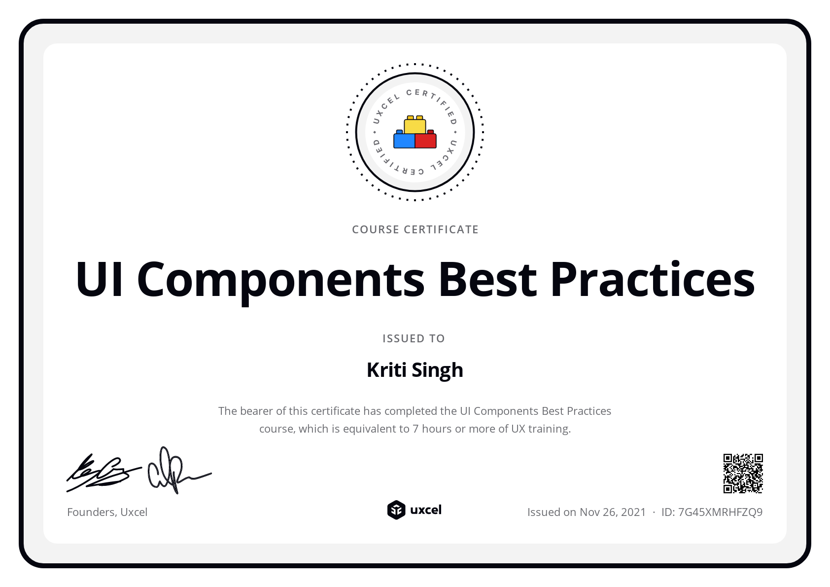 Kriti Singh's certificate